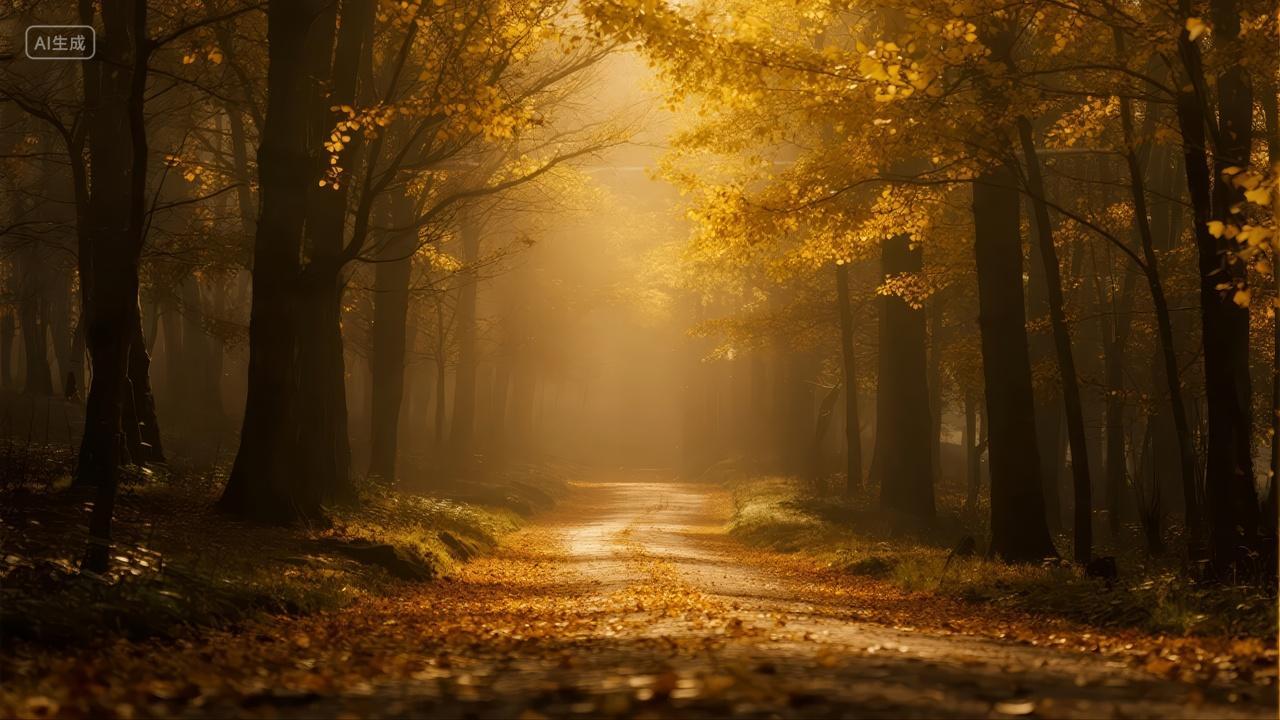 秋分节气落叶大道森林阳光治愈系背景