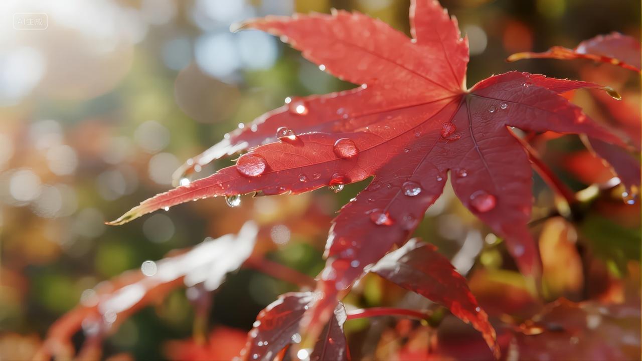 处暑节气红枫露珠特写秋意唯美自然背景