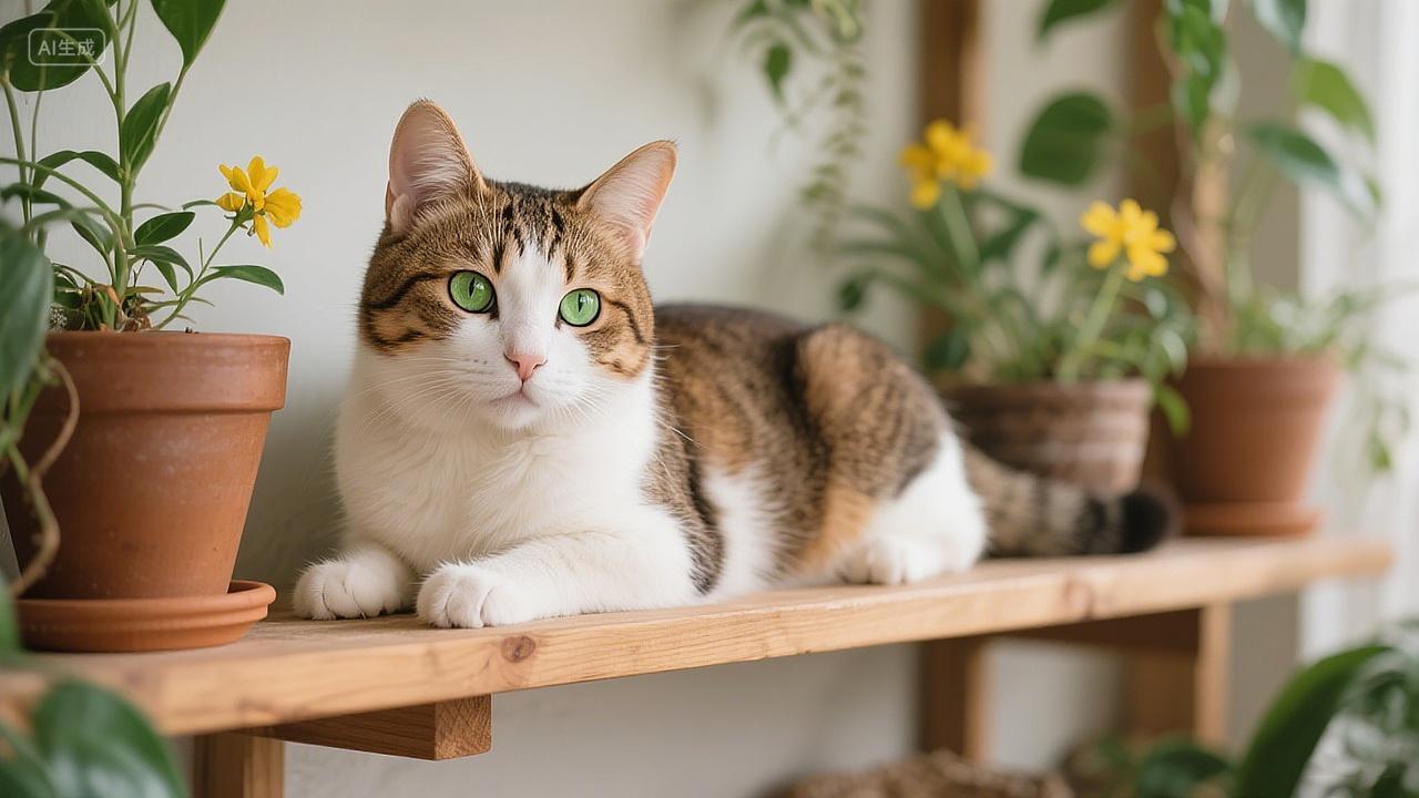 萌猫与绿植宠物摄影可爱花猫趴在木架和绿植花卉营造治愈氛围