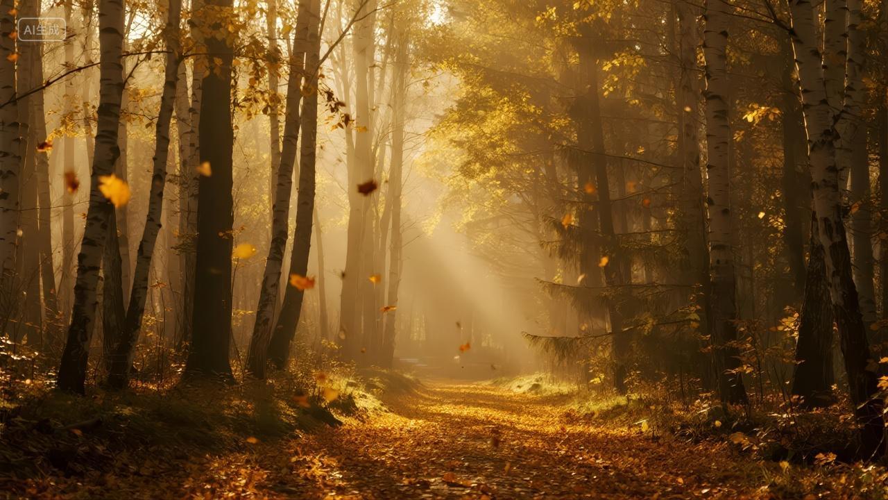 立秋节气金色秋天森林落叶唯美风景背景