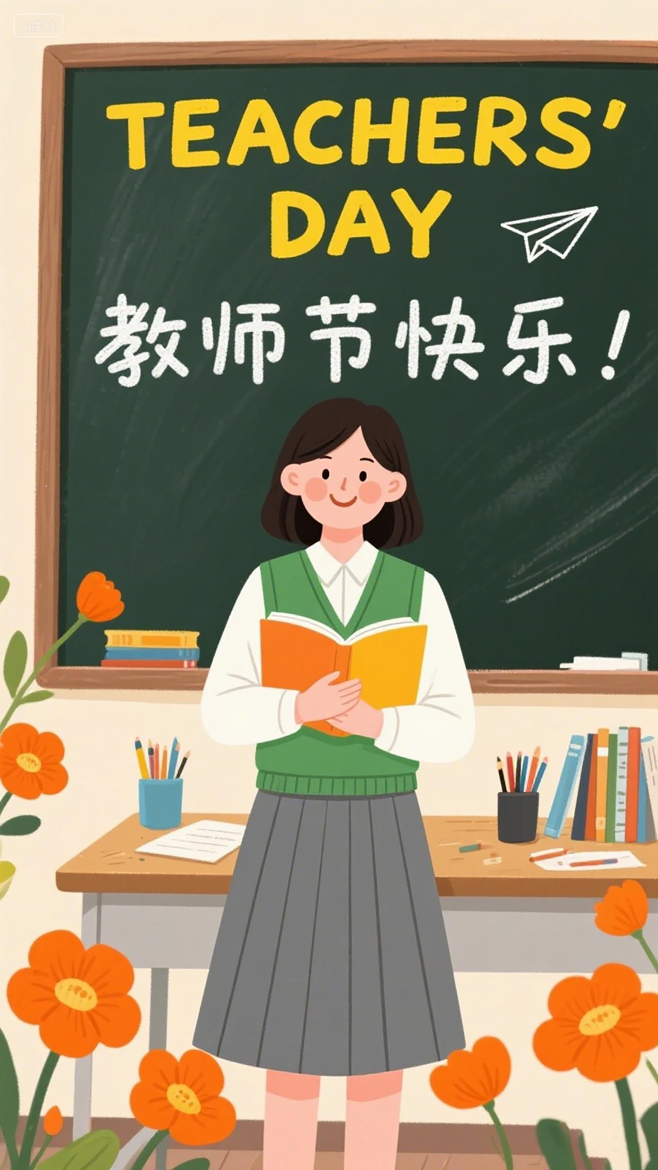 教师节海报素材学生在写有教师节快乐黑板前手持书本周围点缀鲜花
