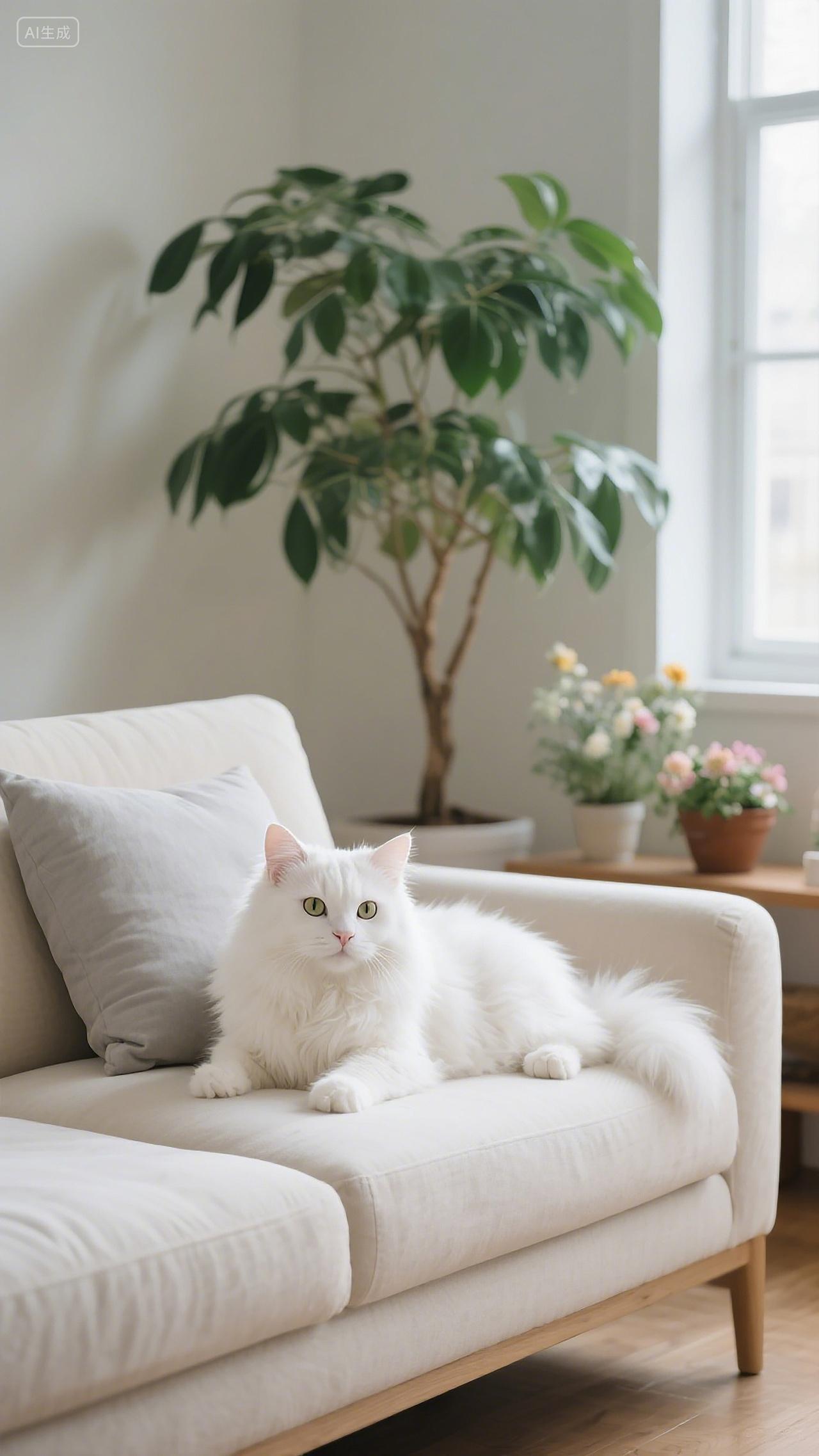 萌宠摄影慵懒喵星人白猫咪惬意趴在沙发与绿植相伴尽显闲适场景