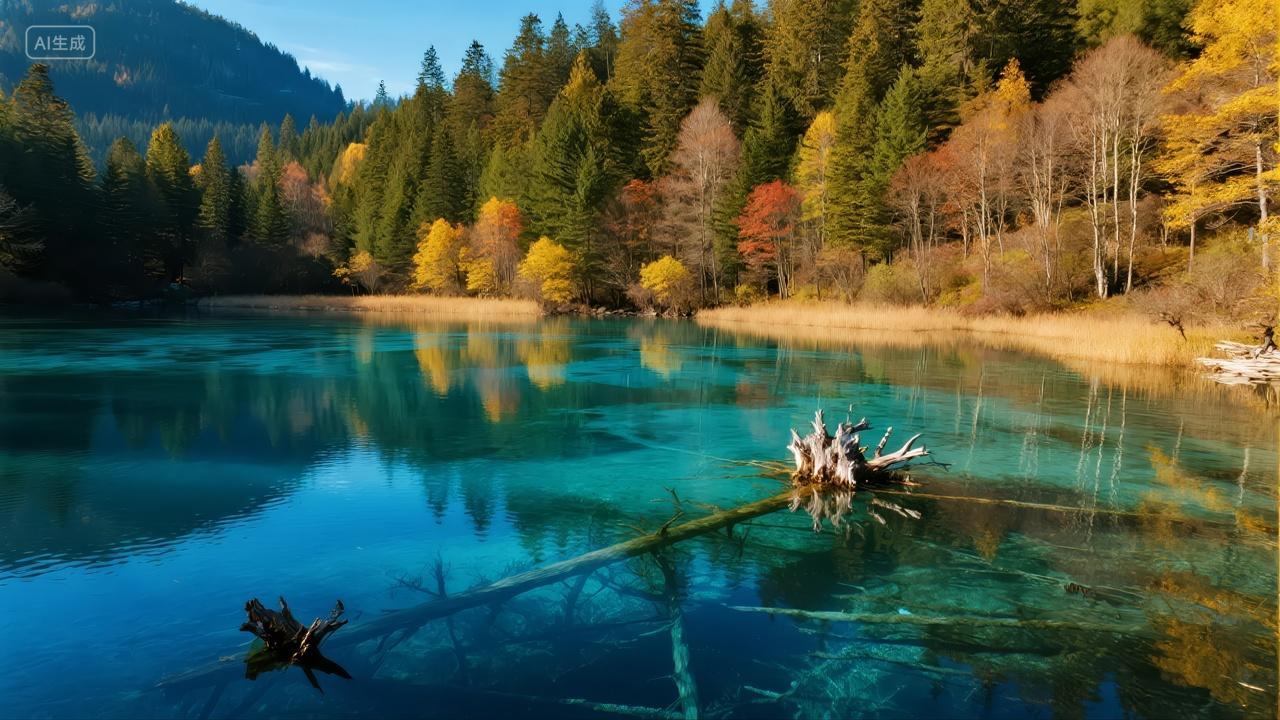 国庆节九寨沟湖泊倒影秋季旅游风光背景