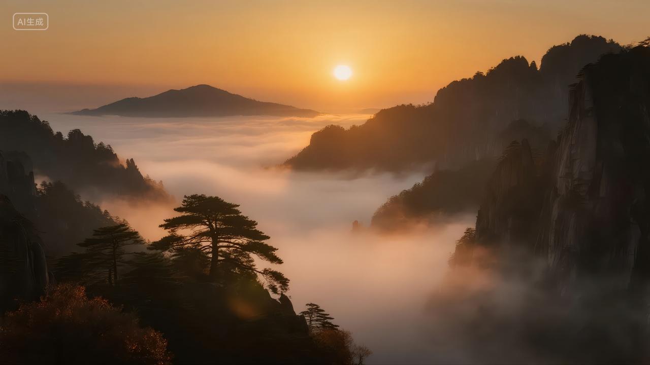 黄山云海日出壮丽风光水墨画意境背景