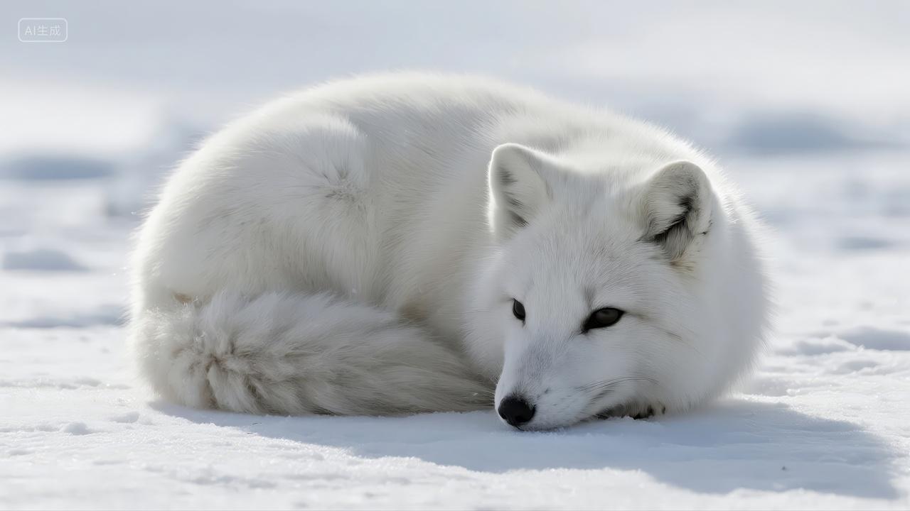 北极狐雪地睡眠可爱野生动物冬日背景图