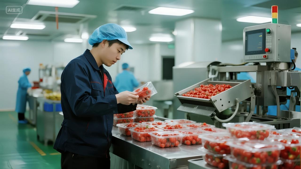 食品加工厂工人筛选番茄生产线劳动背景