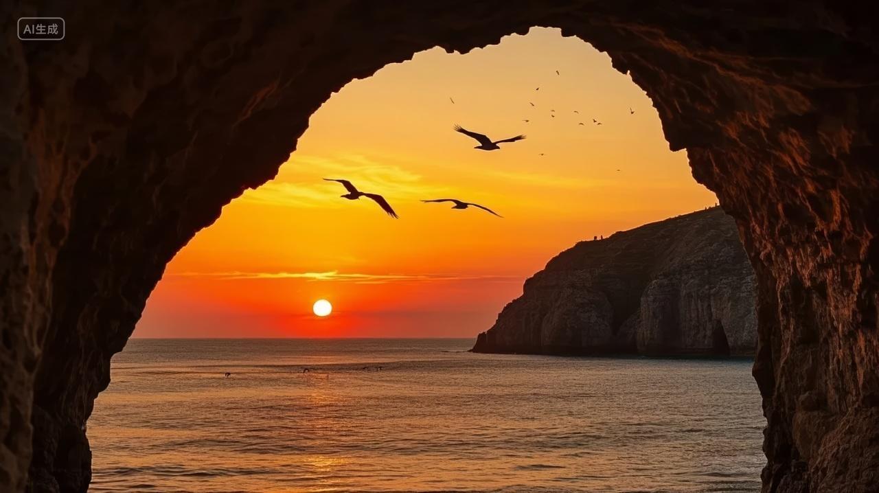 海边洞穴日落飞鸟希望之门自然风光背景