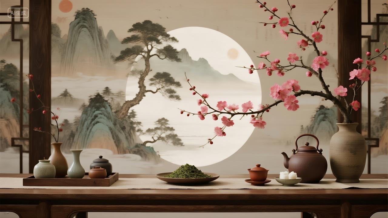 中秋节气中式禅意盆景茶室文化海报背景