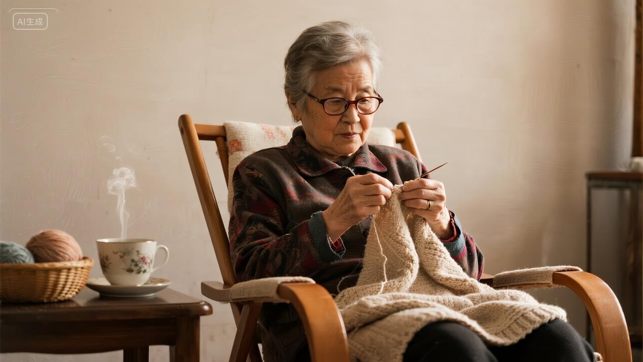 重阳节奶奶织毛衣居家养老温馨生活背景