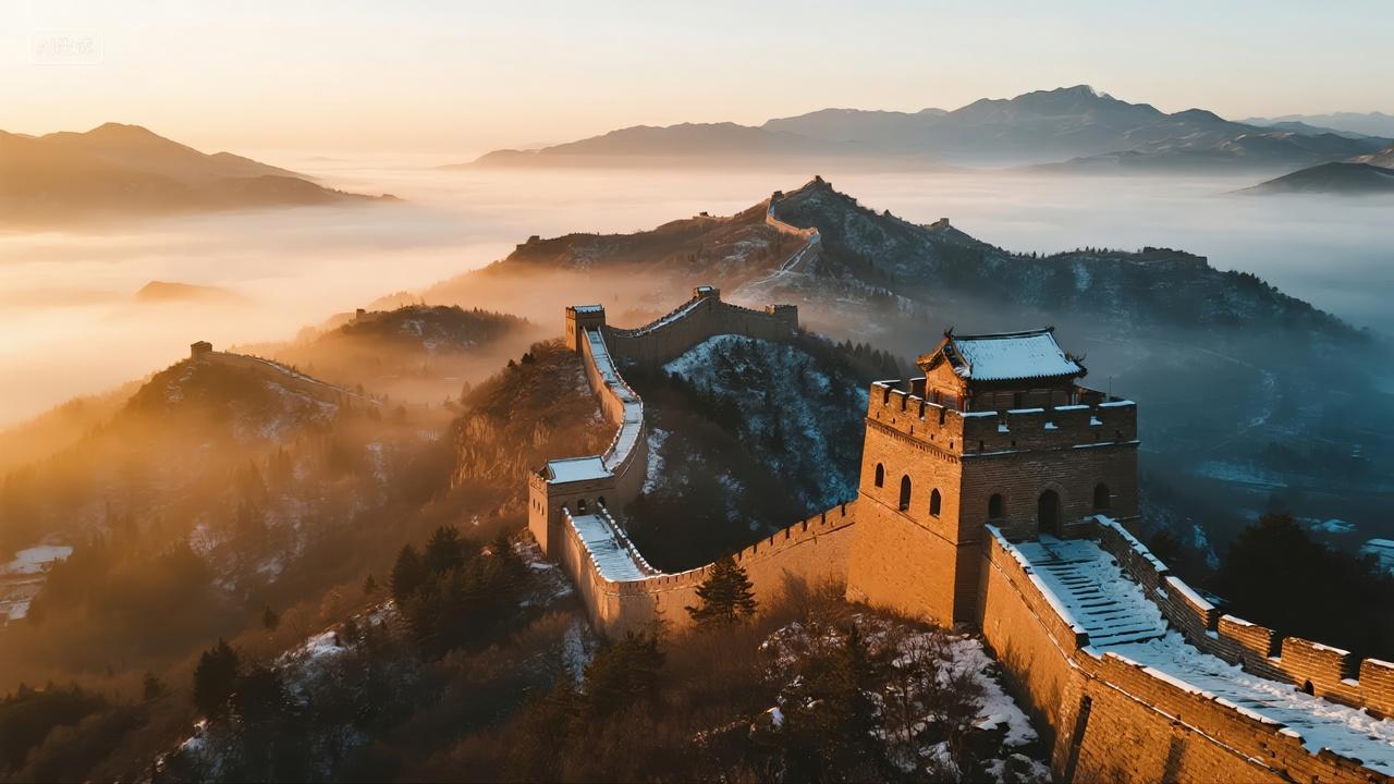 国庆节长城日出云海壮丽风光旅游背景图