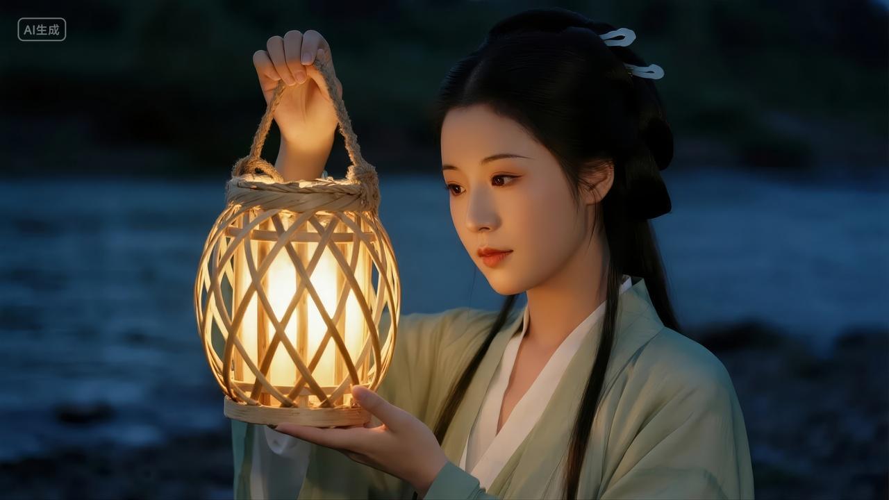 中秋节古风美女提灯笼夜游汉服背景图