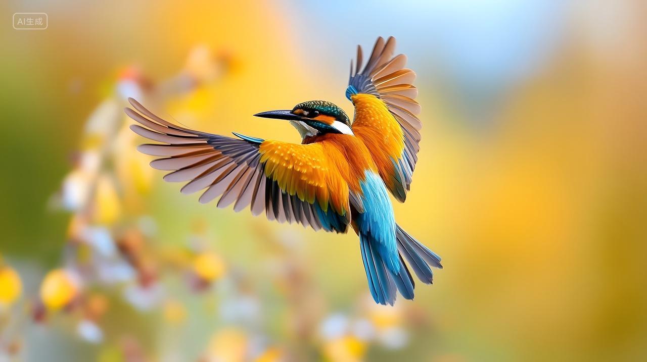 翠鸟展翅飞翔瞬间