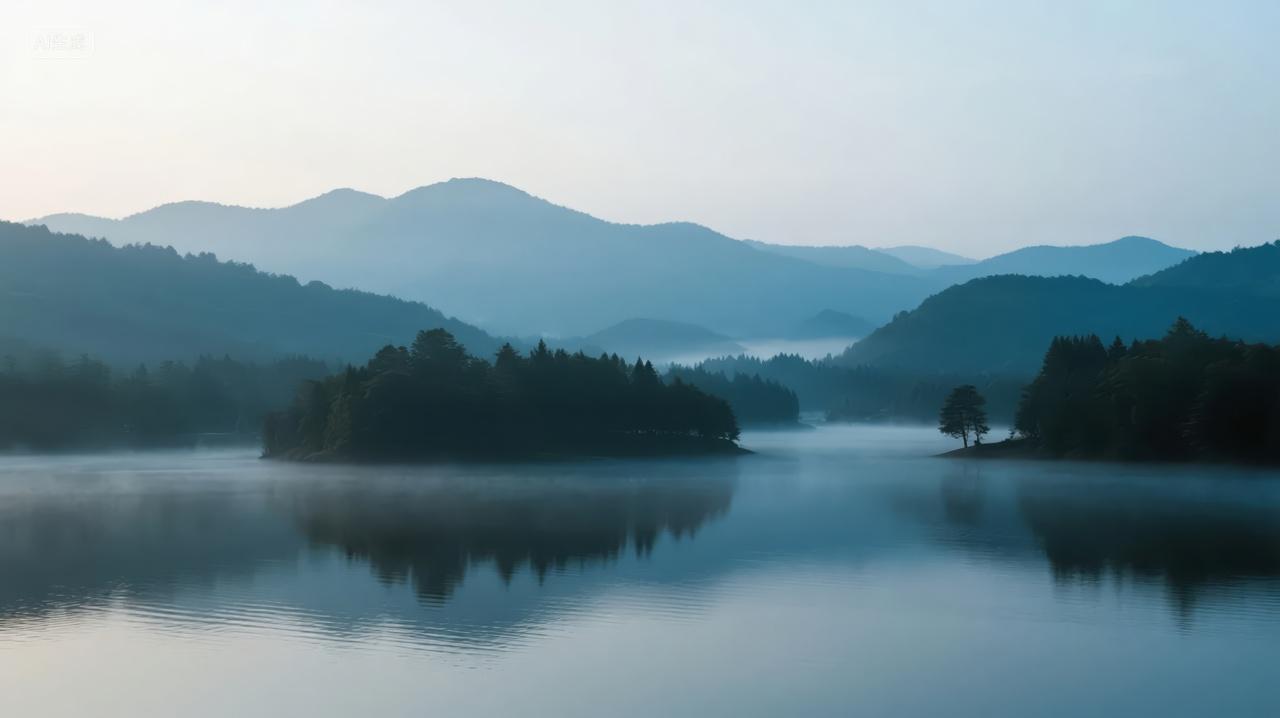小暑节气湖泊山峦晨雾禅意自然风光背景