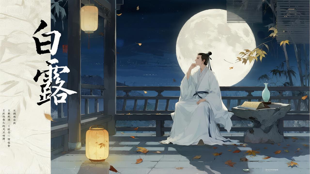 白露节气古风男子月下赏景插画海报背景