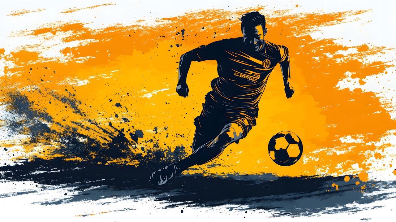 足球运动员带球奔跑动感水墨风画面