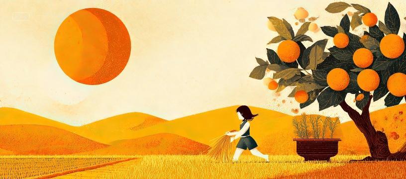 一个女孩在果树下丰收田野夕阳二十四节气立秋秋分海报背景