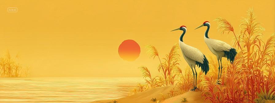 两只白鹤立在湖边夕阳二十四节气立秋秋分海报背景