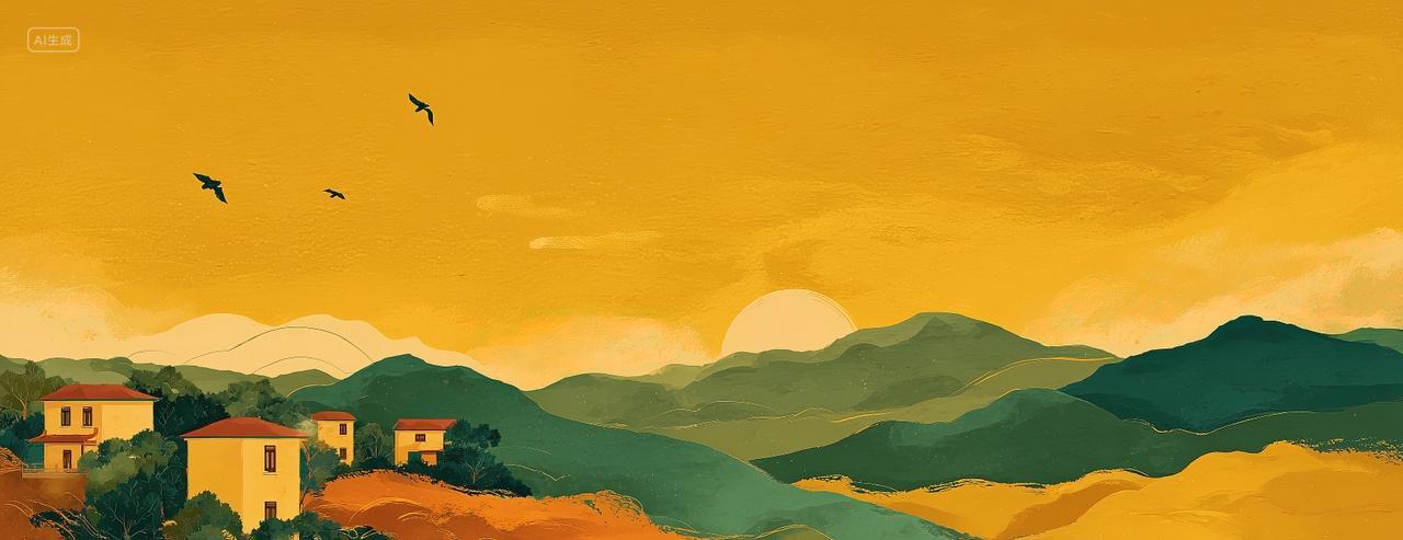 乡村青山二十四节气秋分立秋扁平风插画海报背景