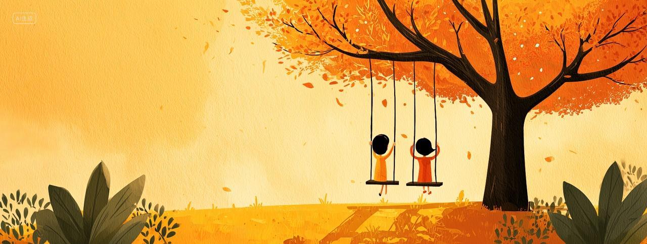 两个儿童在树下荡秋千二十四节气立秋秋分海报背景