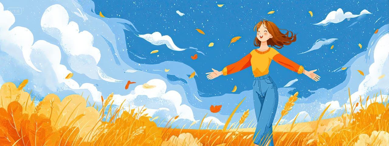一个女孩站在田野蓝天下二十四节气立秋秋分海报背景
