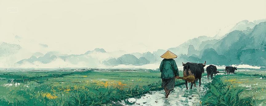 田野上农民在放牛二十四节气立秋秋分海报背景