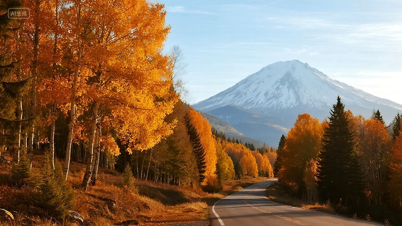 金色的枫树远处雪山形成鲜明对比唯美的秋天景色图片