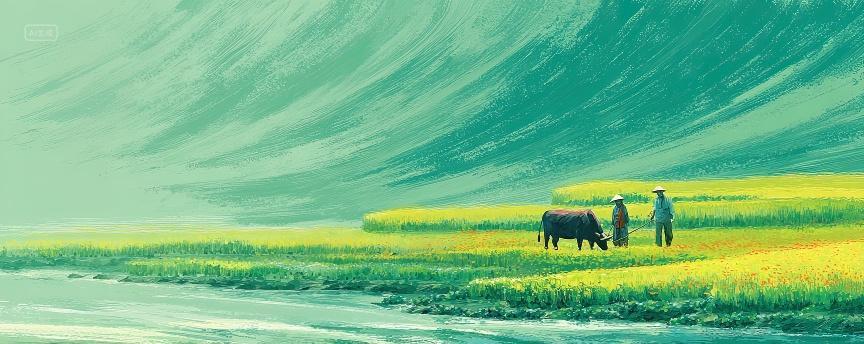 田野上农民放牛耕种二十四节气立秋秋分海报背景