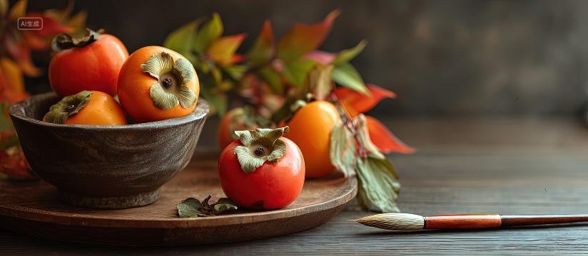 桌子上有柱子和毛笔二十四节气立秋秋分海报背景