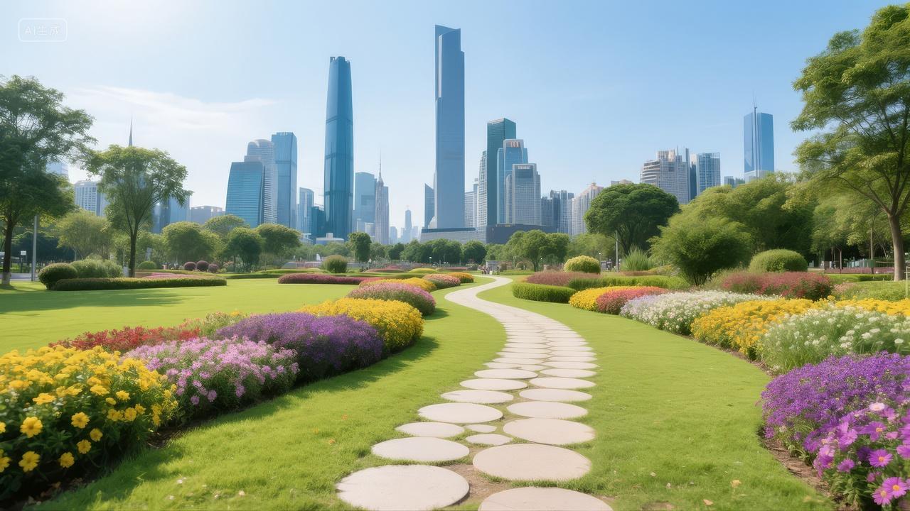 未来城市公园花海步道绿色生态建筑背景