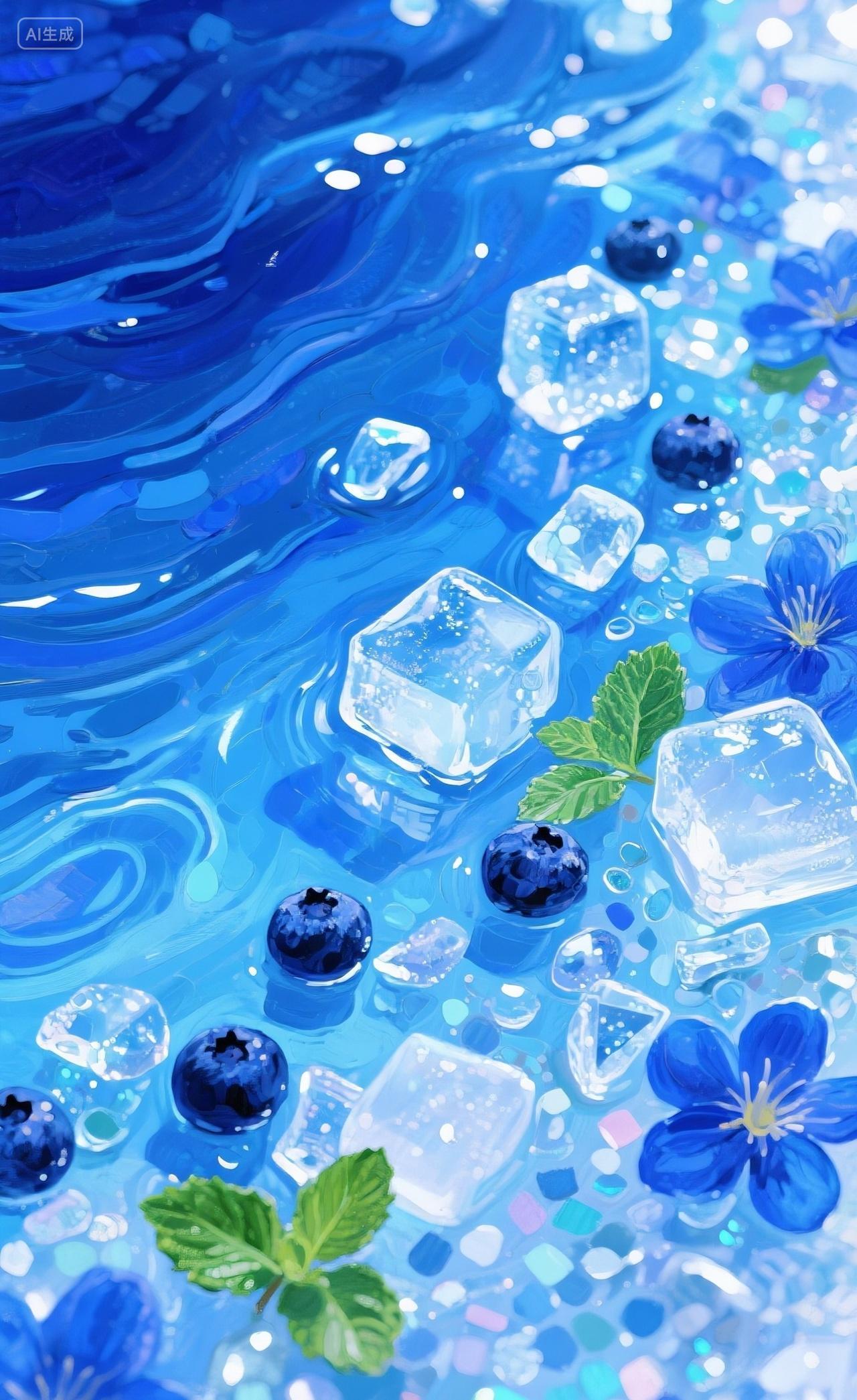 夏天冰块里的蓝莓水彩插画