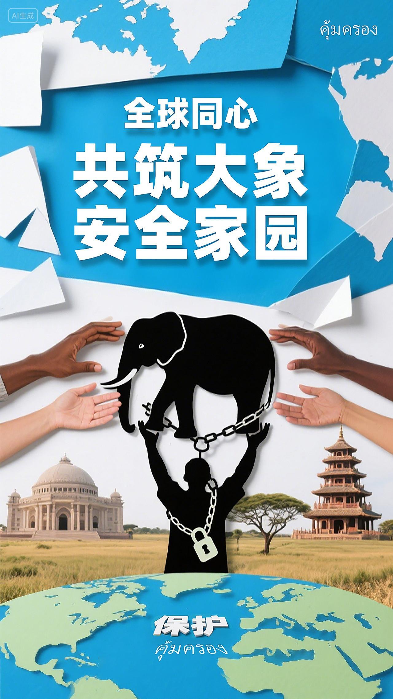 拼贴艺术风世界大象日宣传海报素材共筑大象安全家园蓝白色调海报