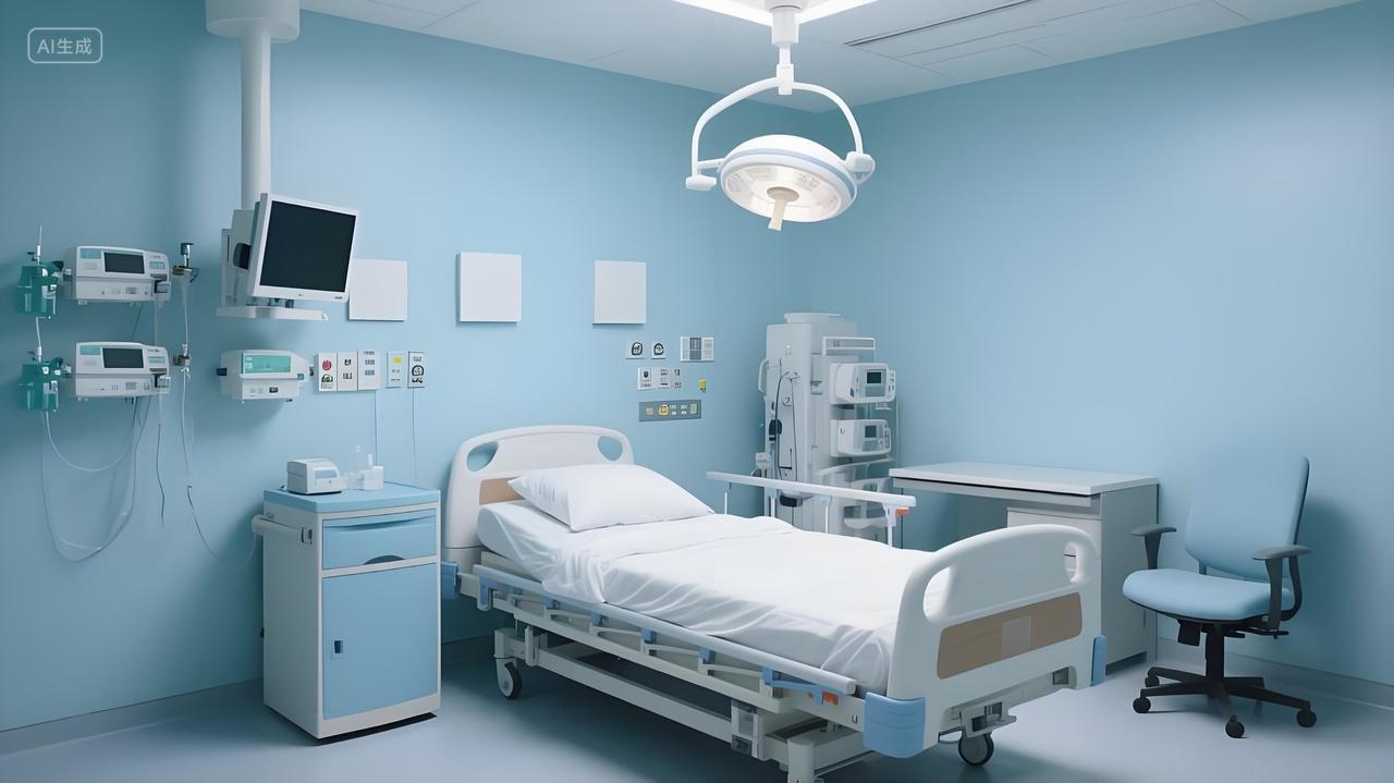 简洁医疗病房浅蓝墙面搭配专业医疗设备整洁病床监护仪器有序摆放