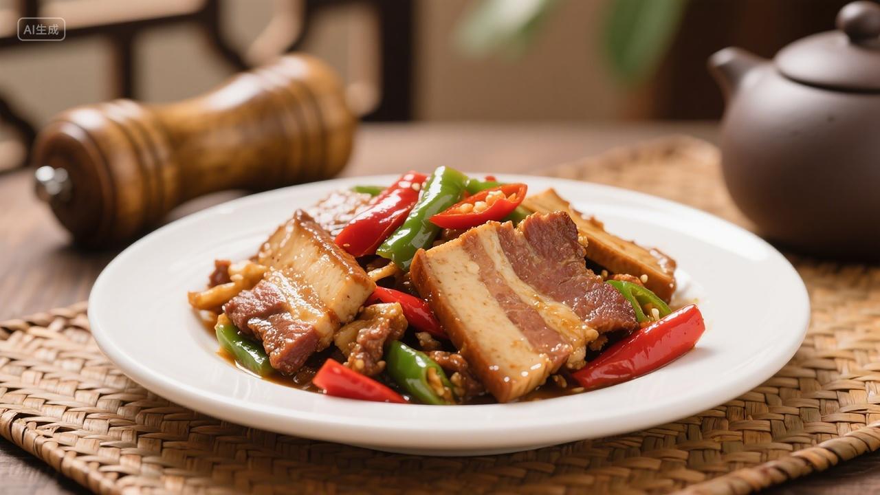 美食摄影中式家常菜香干炒肉搭配青红椒色泽诱人背景有茶壶胡椒碾