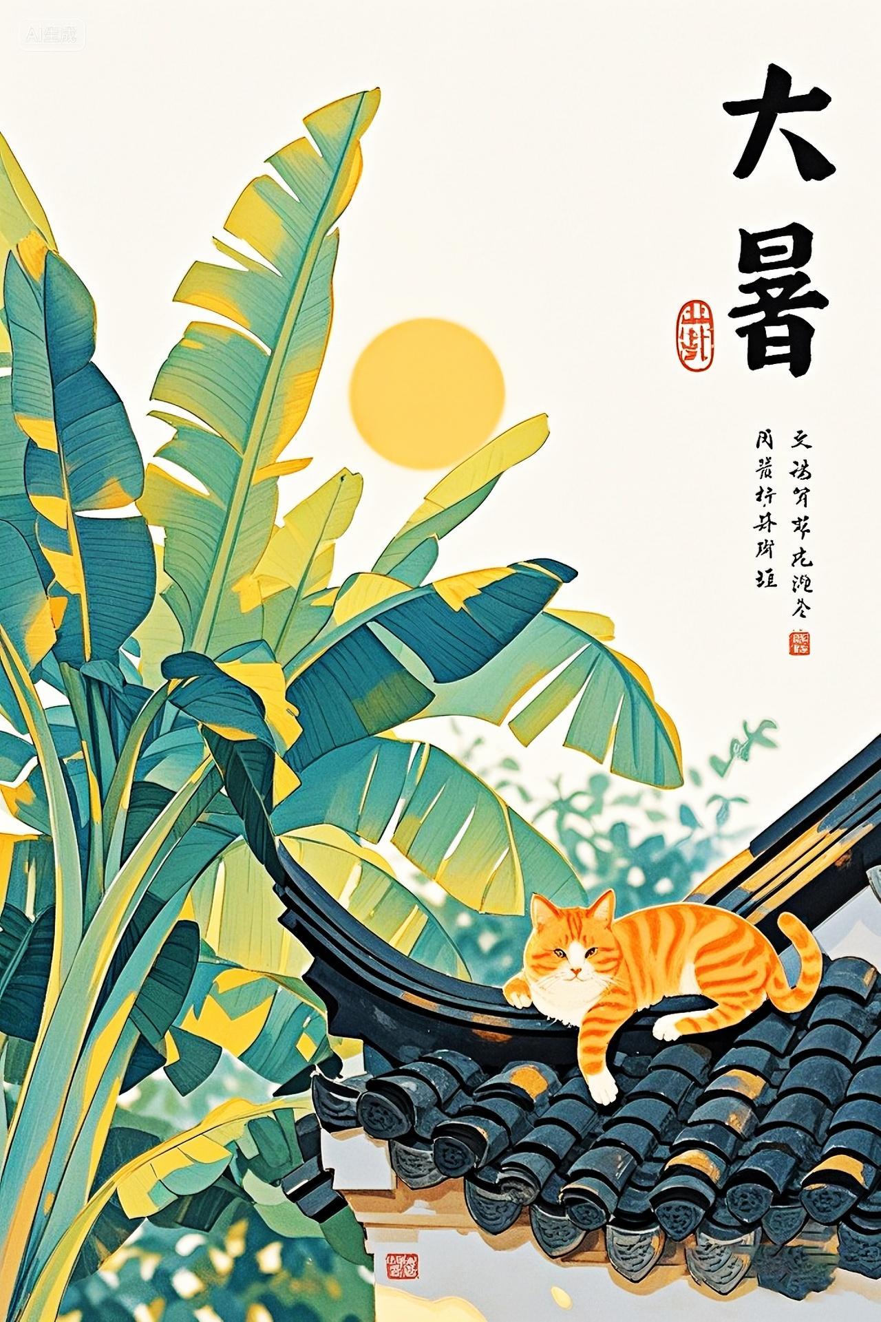 二十四节气处暑大暑立秋屋檐上的猫卡通插画