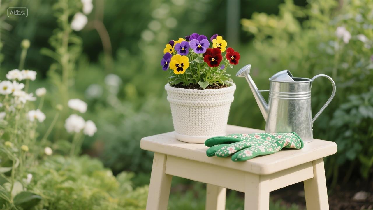盆栽与园艺工具小凳上放着三色堇盆栽喷壶花手套展现园艺小景