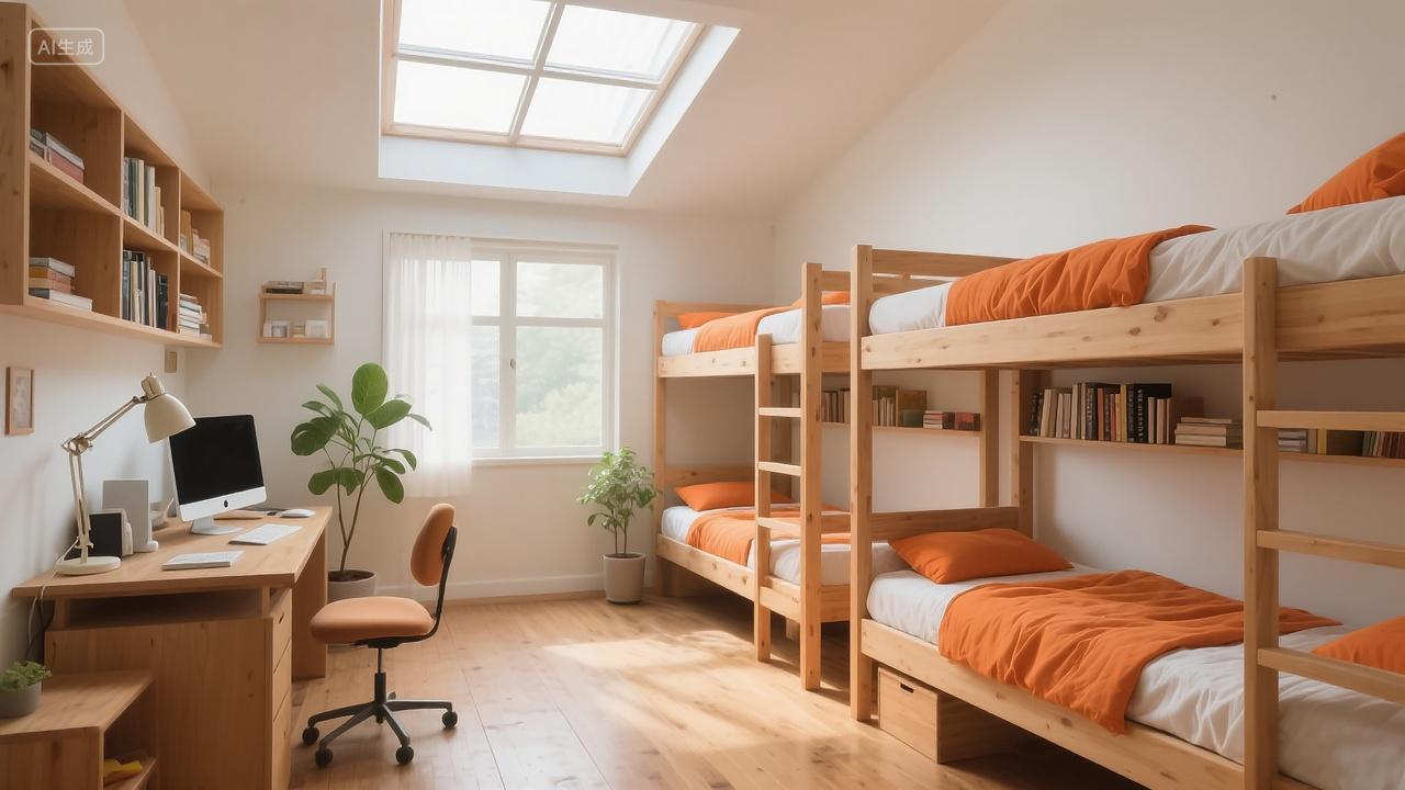 简洁且采光良好的宿舍房间场景木质上下铺带电脑物品的书桌椅绿植