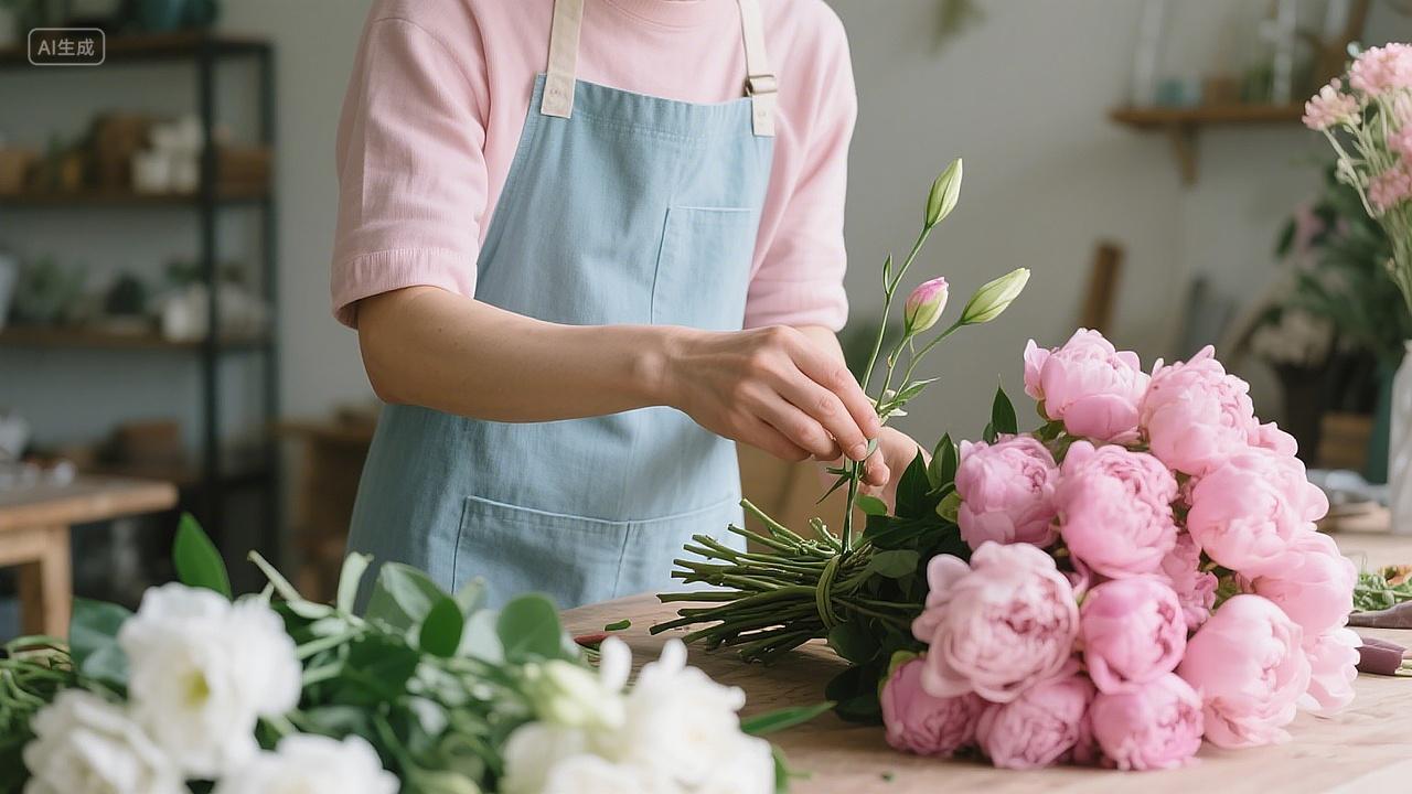 插花生活场景身着围裙的花艺师专注搭配粉色花束花艺创作氛围