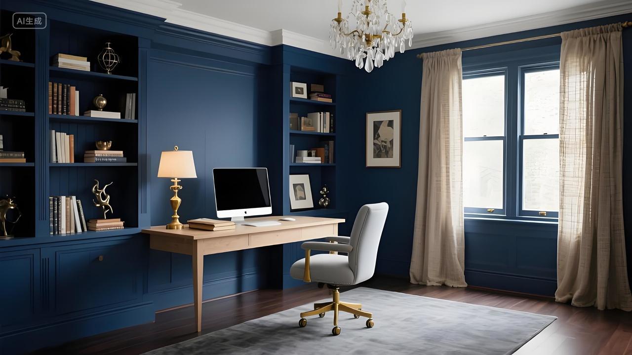 典雅书房设计深蓝墙面白色装饰书架陈列书籍摆件简约书桌舒适座椅