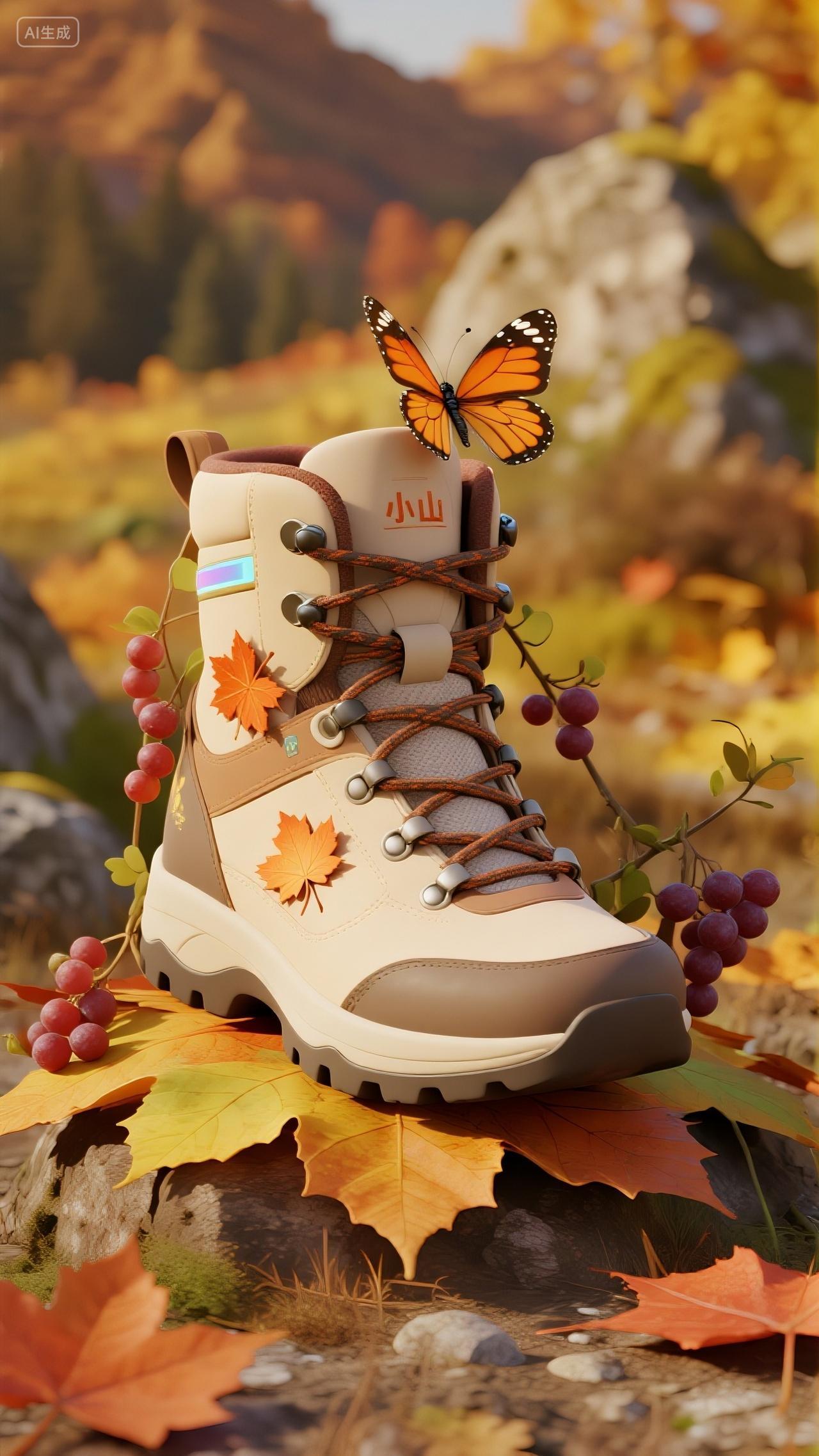 户外登山装备3D秋天立秋场景枫叶上的登山鞋