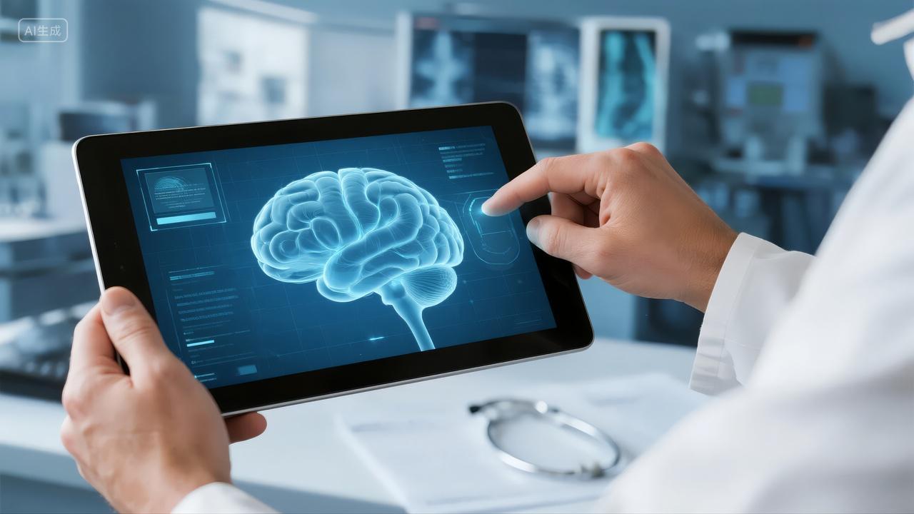 AI医疗科技医生触屏分析大脑数据背景图
