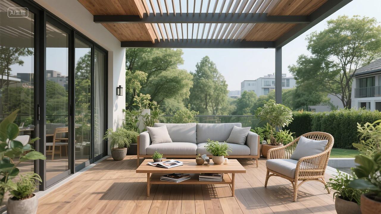 惬意露台休闲区木质露台浅灰沙发搭配藤椅木茶几绿植环绕连通室内