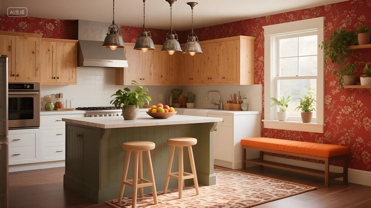 温馨原木风厨房浅木色橱柜配红墙岛台兼具操作与休闲绿植鲜果点缀