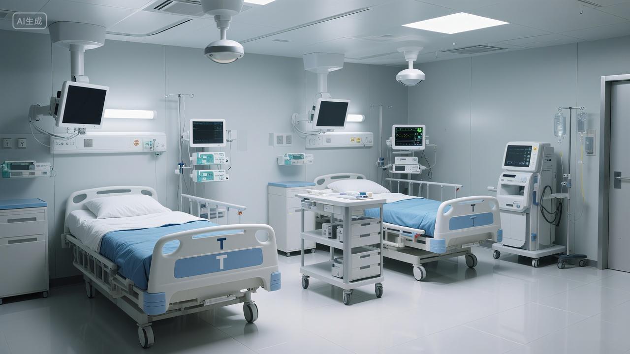 现代化医院病房两张病床多台医疗设备环境整洁专业医疗空间医院