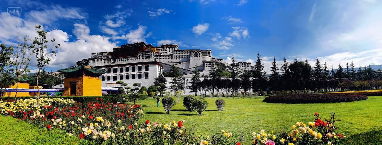 蓝天白云下花草环绕的布达拉宫