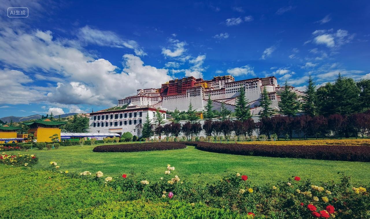蓝天白云下花草环绕的布达拉宫