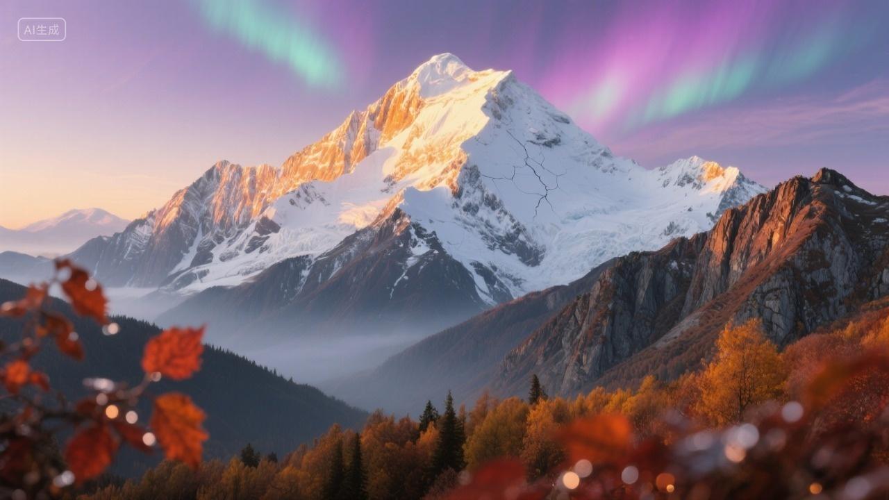 紫绿极光映照暖金雪山粉紫天空下秋季红叶晨雾写实梦幻风光摄影图