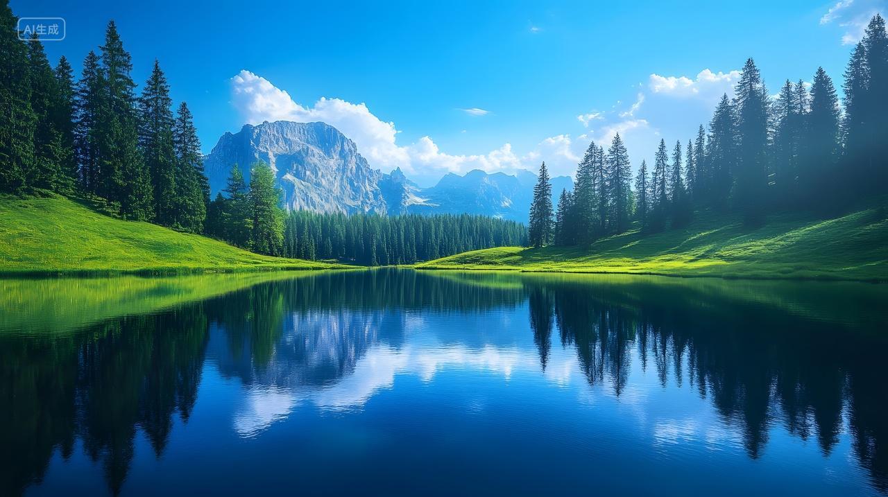 青山翠谷间湖水如镜映山川云影