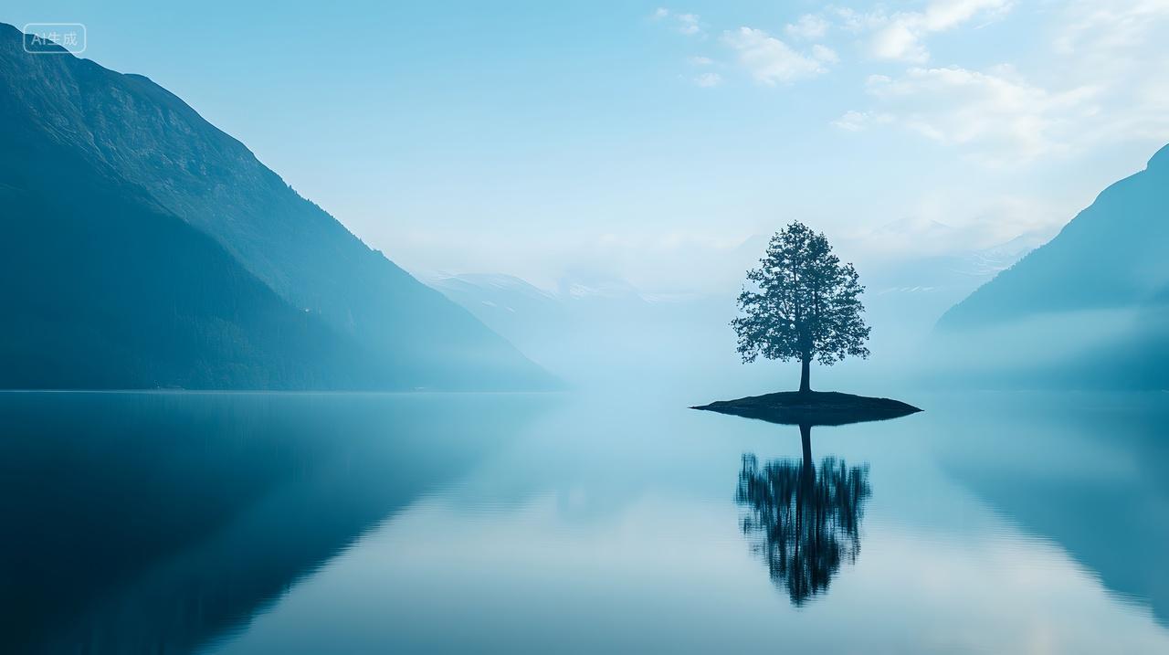 山脉背景下的孤树小岛