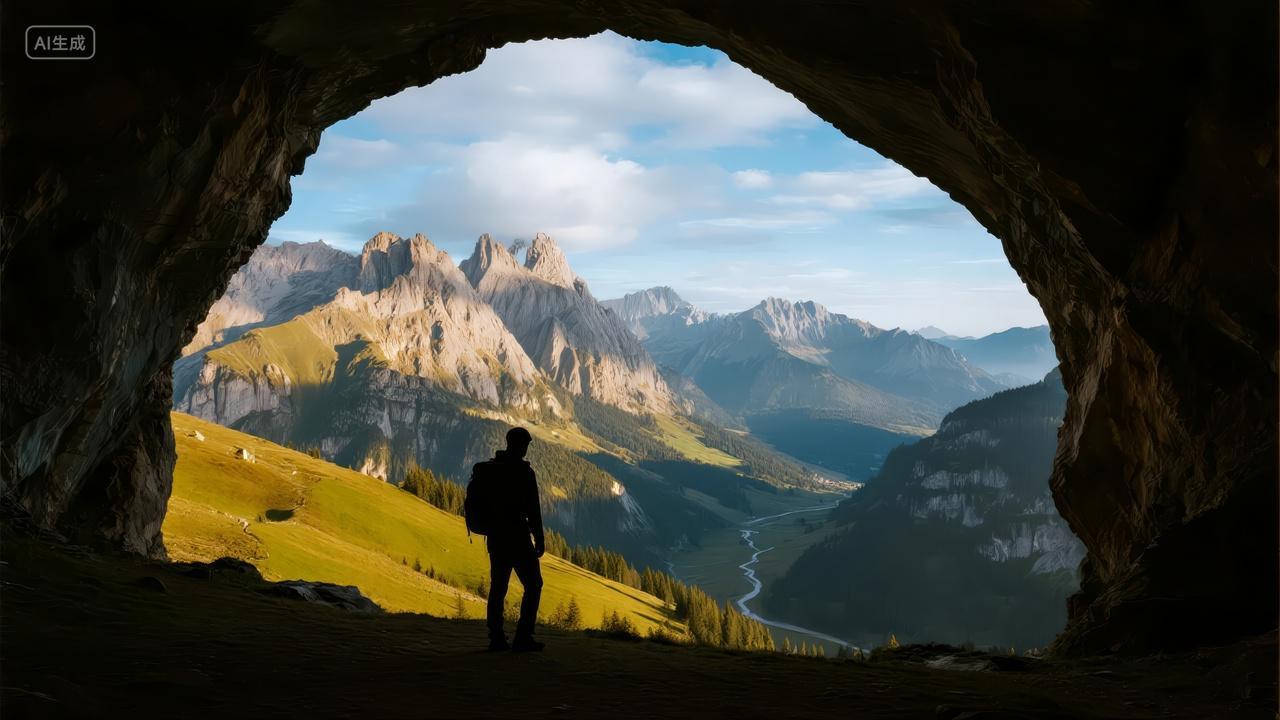 国庆节登山探险洞穴山脉励志旅行背景图