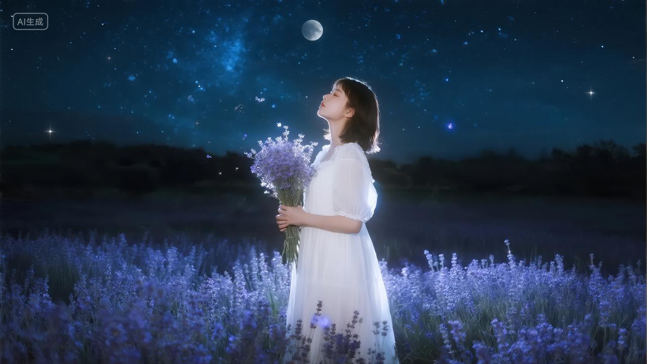中秋节女孩薰衣草花海星空浪漫唯美背景